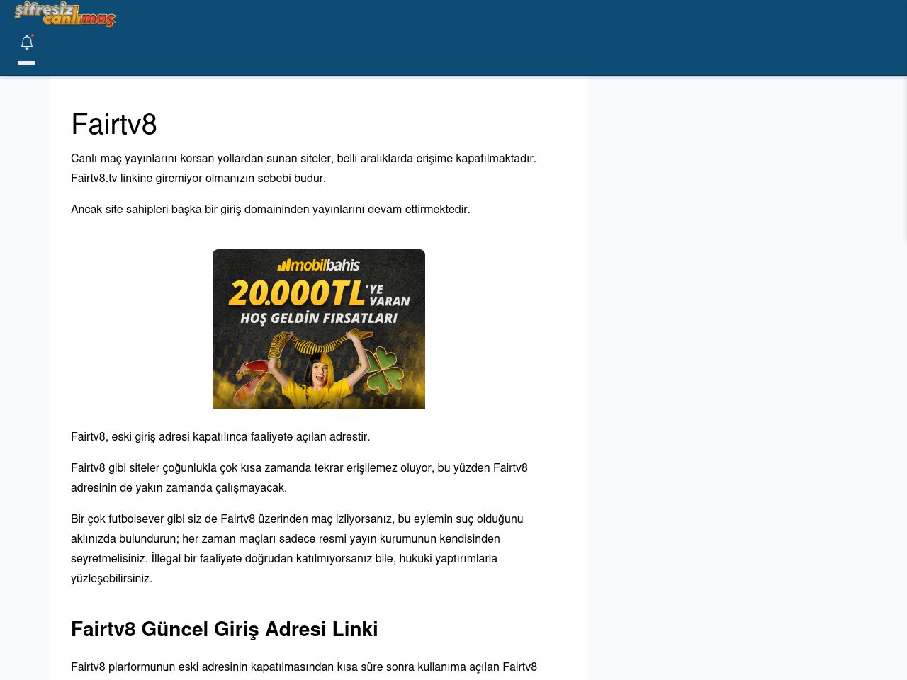 Fairtv8 Maç İzle - Şifresiz canlı maç izle