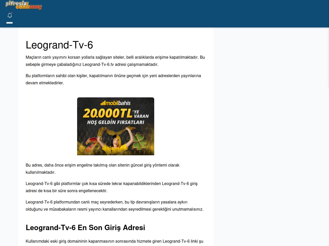 Leogrand-Tv-6 Giriş Linki - Şifresiz canlı maç izle