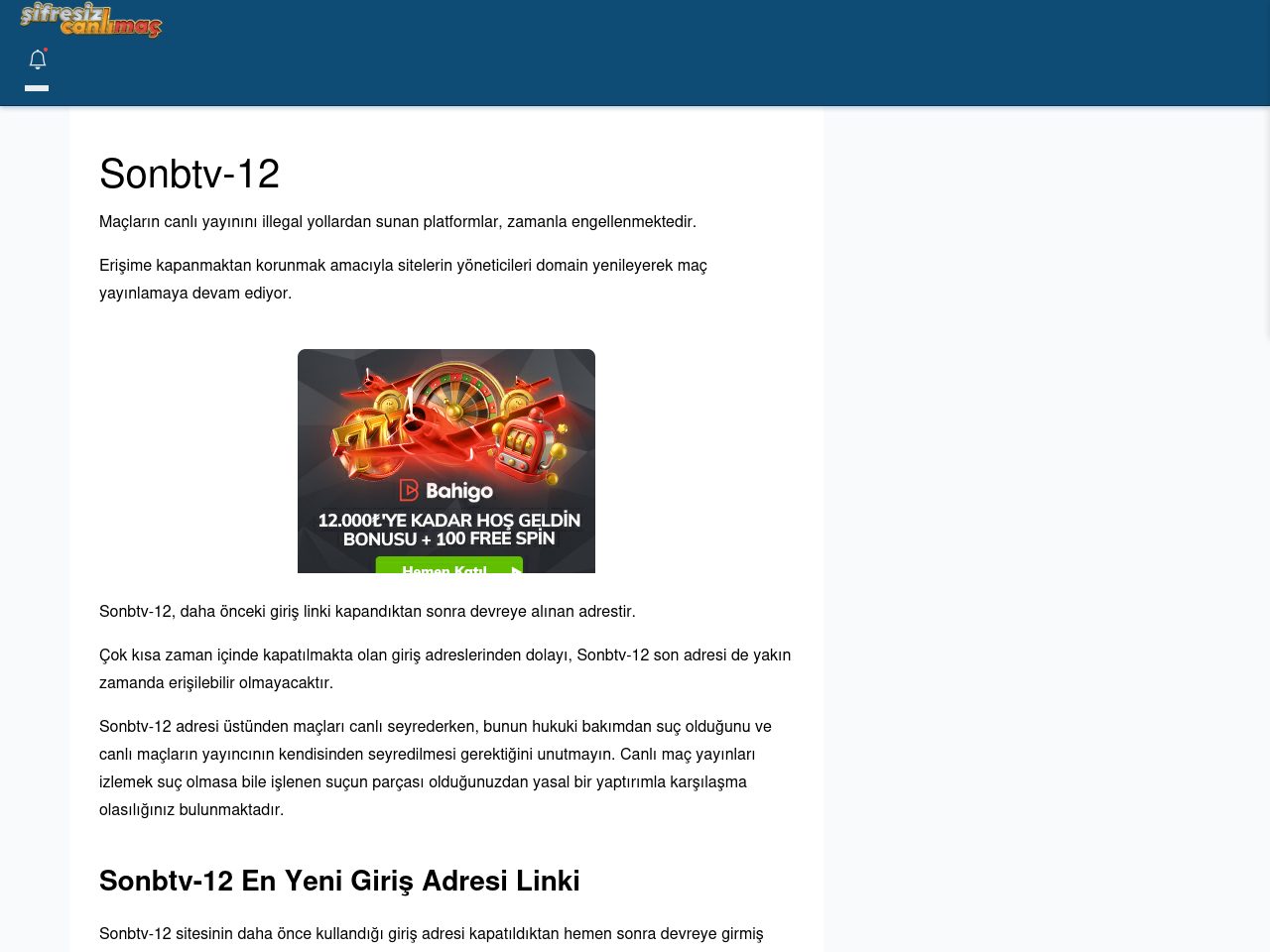 Sonbtv-12 Güncel Giriş - Şifresiz canlı maç izle