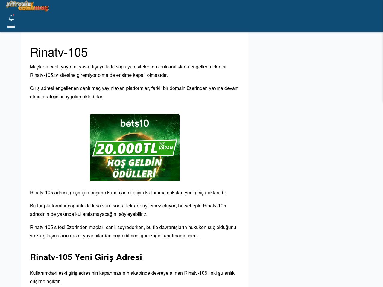 Rinatv-105 Canlı Maç İzle - Şifresiz canlı maç izle