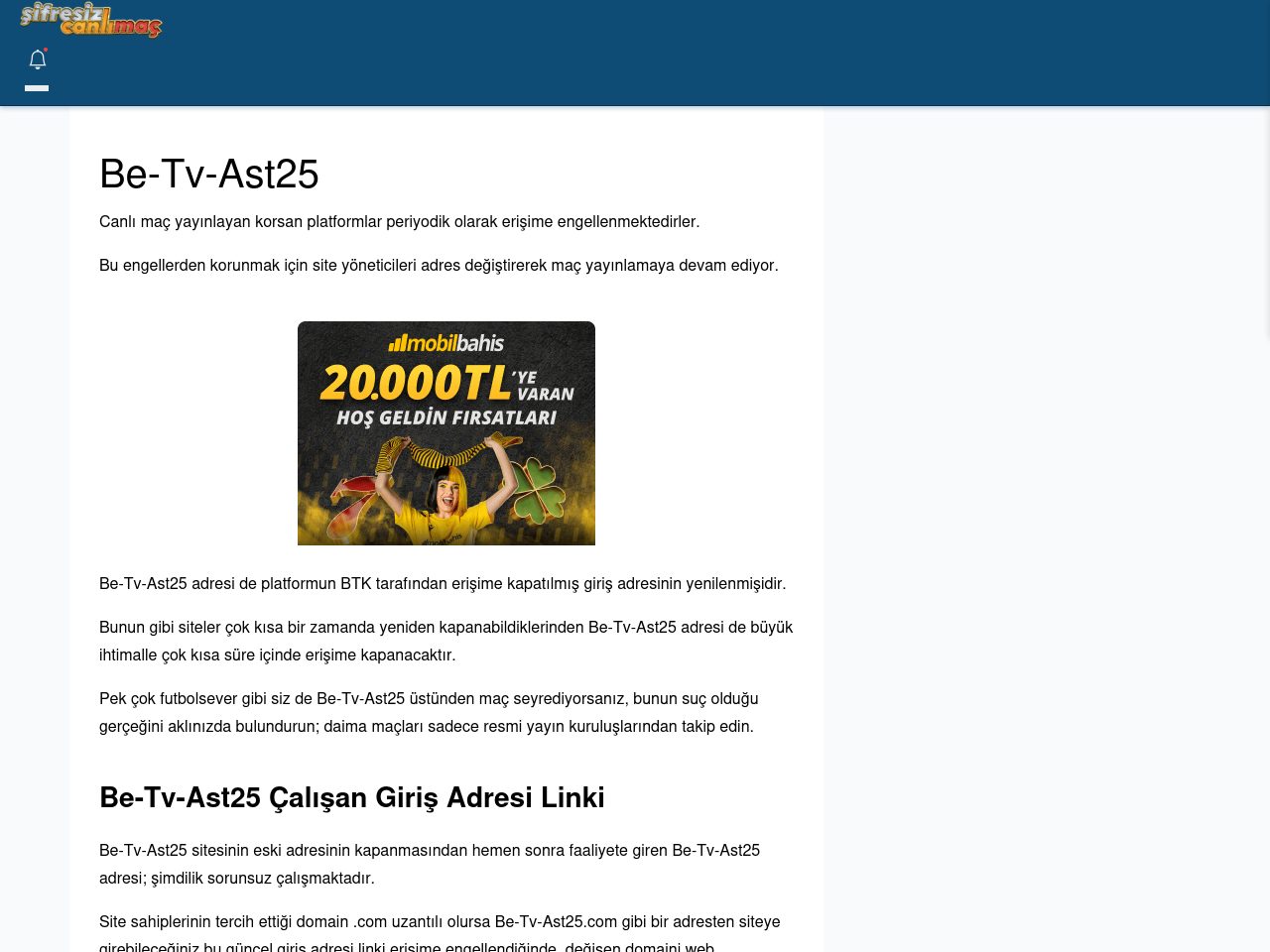 Be-Tv-Ast25 Maç İzle - Şifresiz canlı maç izle