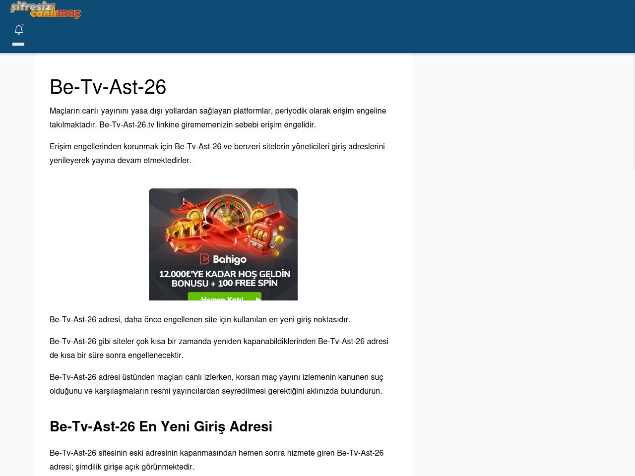 Be-Tv-Ast-26 Giriş Linki - Şifresiz canlı maç izle