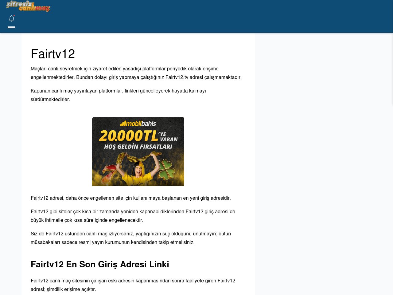 Fairtv12 Güncel Giriş - Şifresiz canlı maç izle