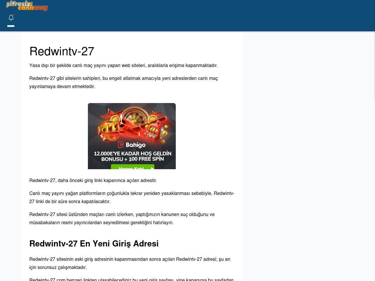 Redwintv-27 Güncel Giriş - Şifresiz canlı maç izle