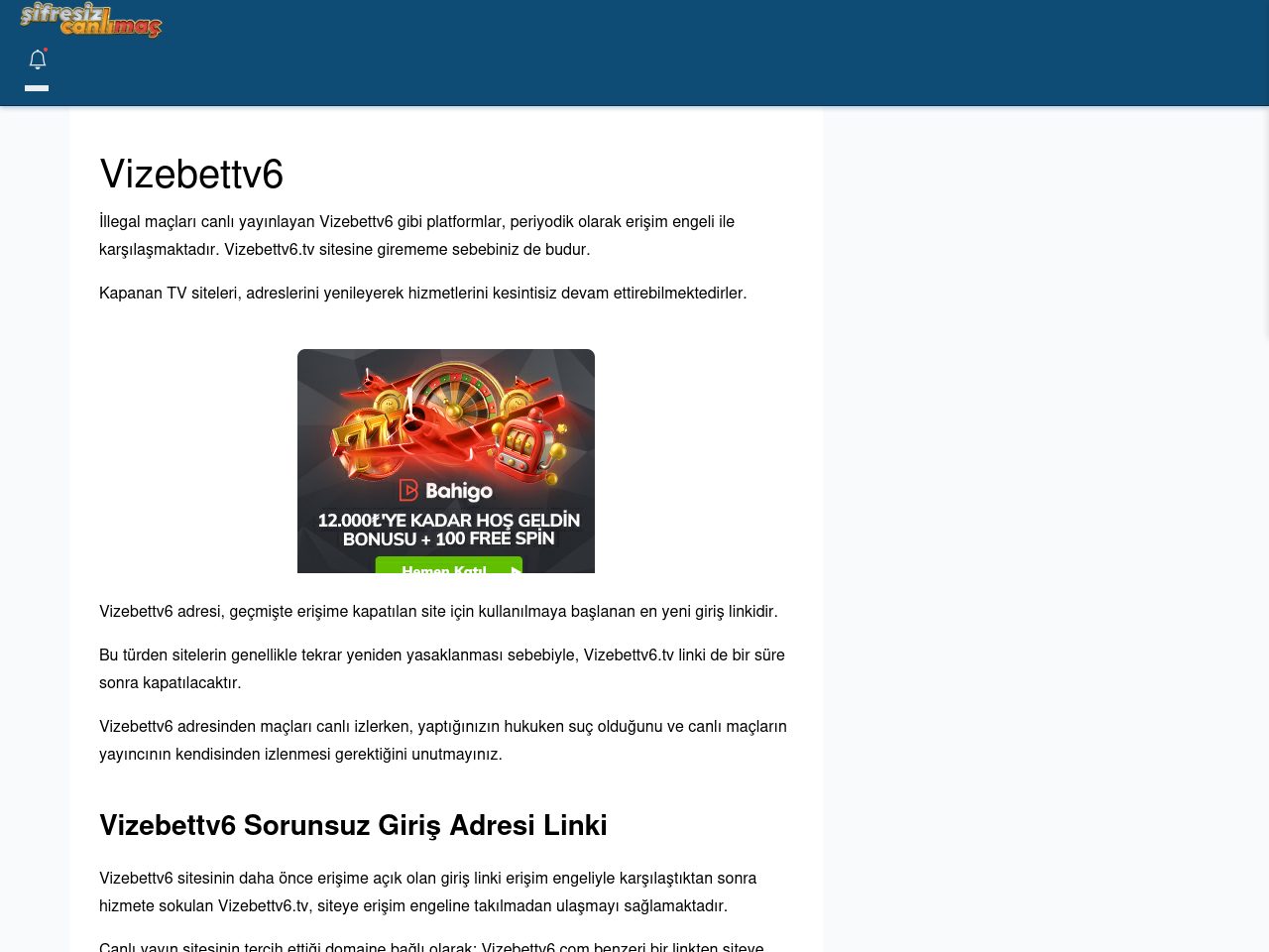 Vizebettv6 Canlı Maç İzle - Şifresiz canlı maç izle
