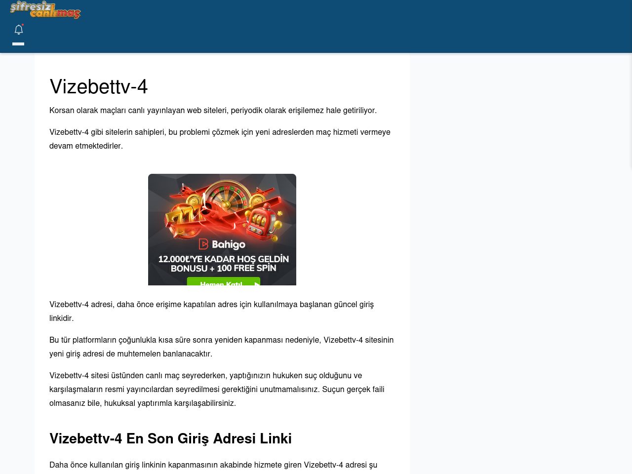 Vizebettv-4 Canlı Maç - Şifresiz canlı maç izle