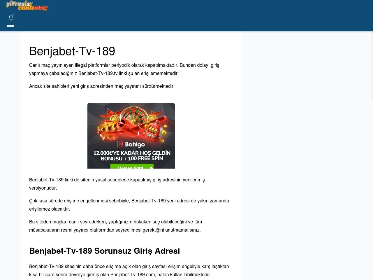 Benjabet-Tv-189 Canlı Maç - Şifresiz canlı maç izle