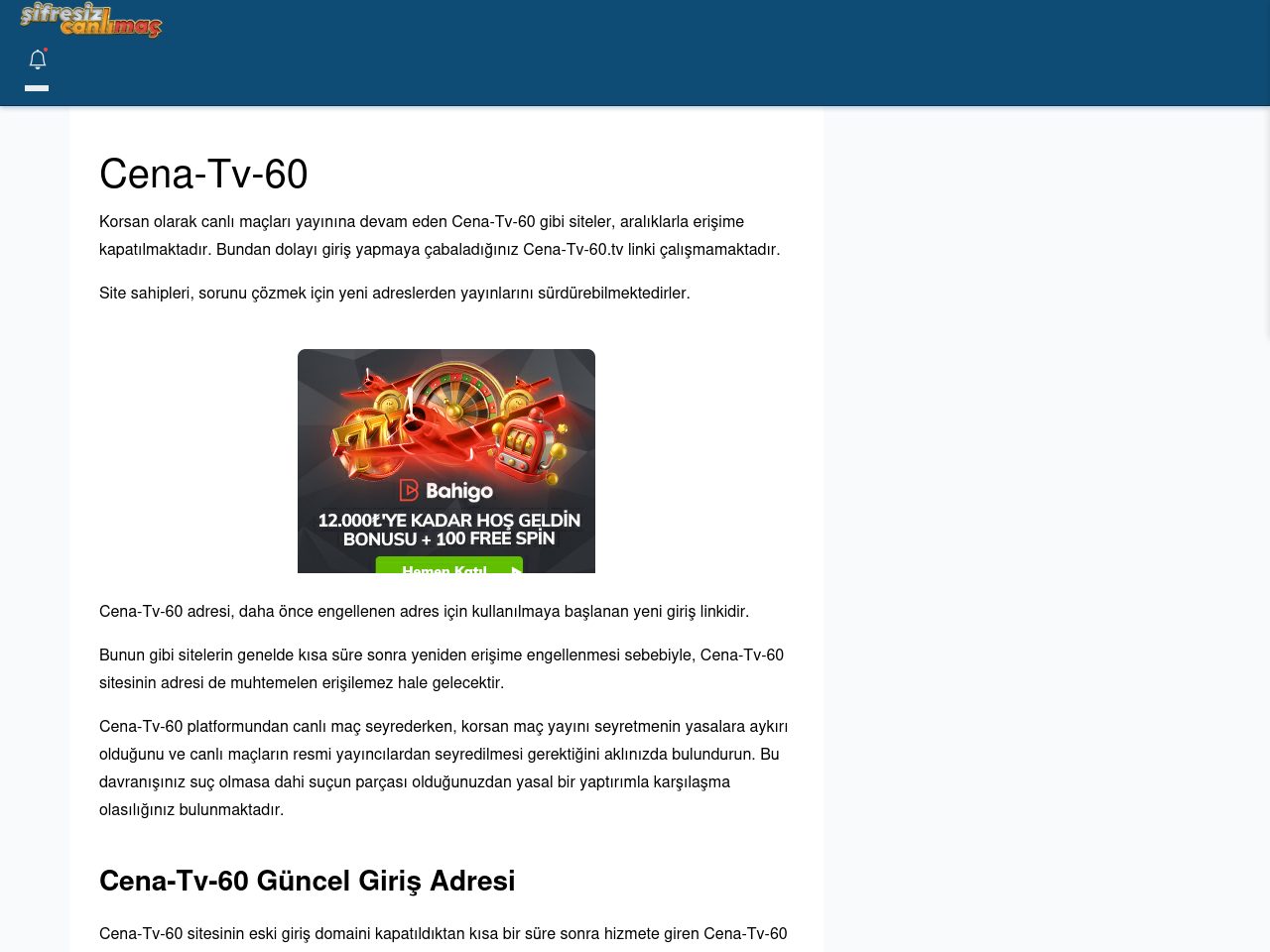 Cena-Tv-60 Güncel Giriş - Şifresiz canlı maç izle