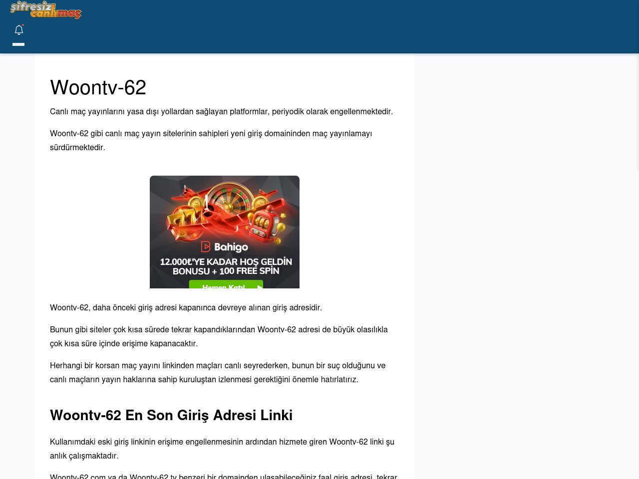 Woontv-62 Giriş Linki - Şifresiz canlı maç izle