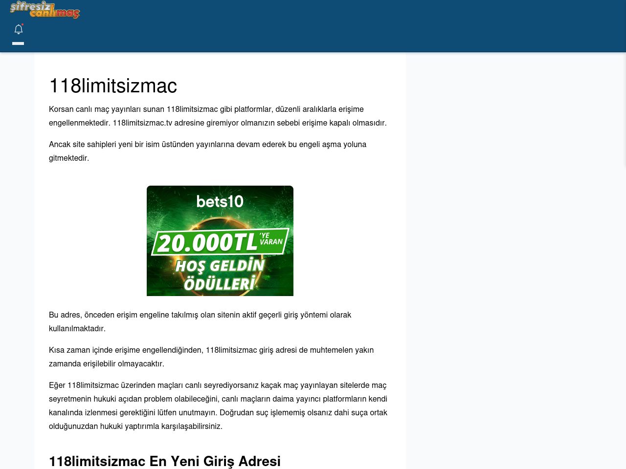 118limitsizmac Giriş Linki - Şifresiz canlı maç izle