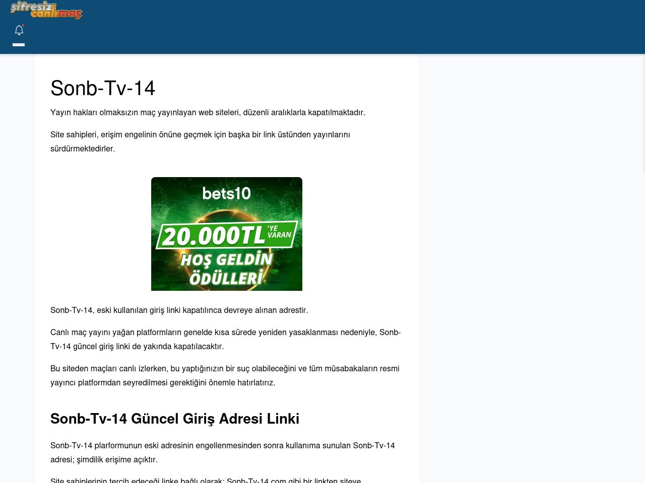 Sonb-Tv-14 Giriş Linki - Şifresiz canlı maç izle