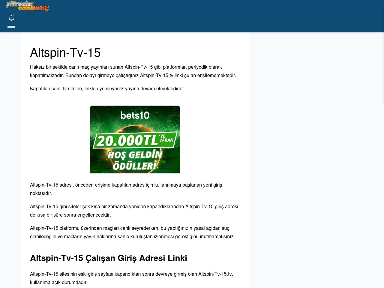 Altspin-Tv-15 Canlı Maç İzle - Şifresiz canlı maç izle