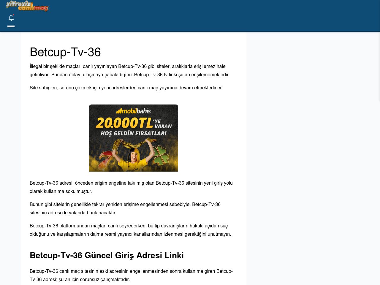 Betcup-Tv-36 Giriş Linki - Şifresiz canlı maç izle