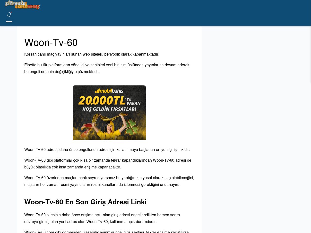 Woon-Tv-60 Giriş Linki - Şifresiz canlı maç izle