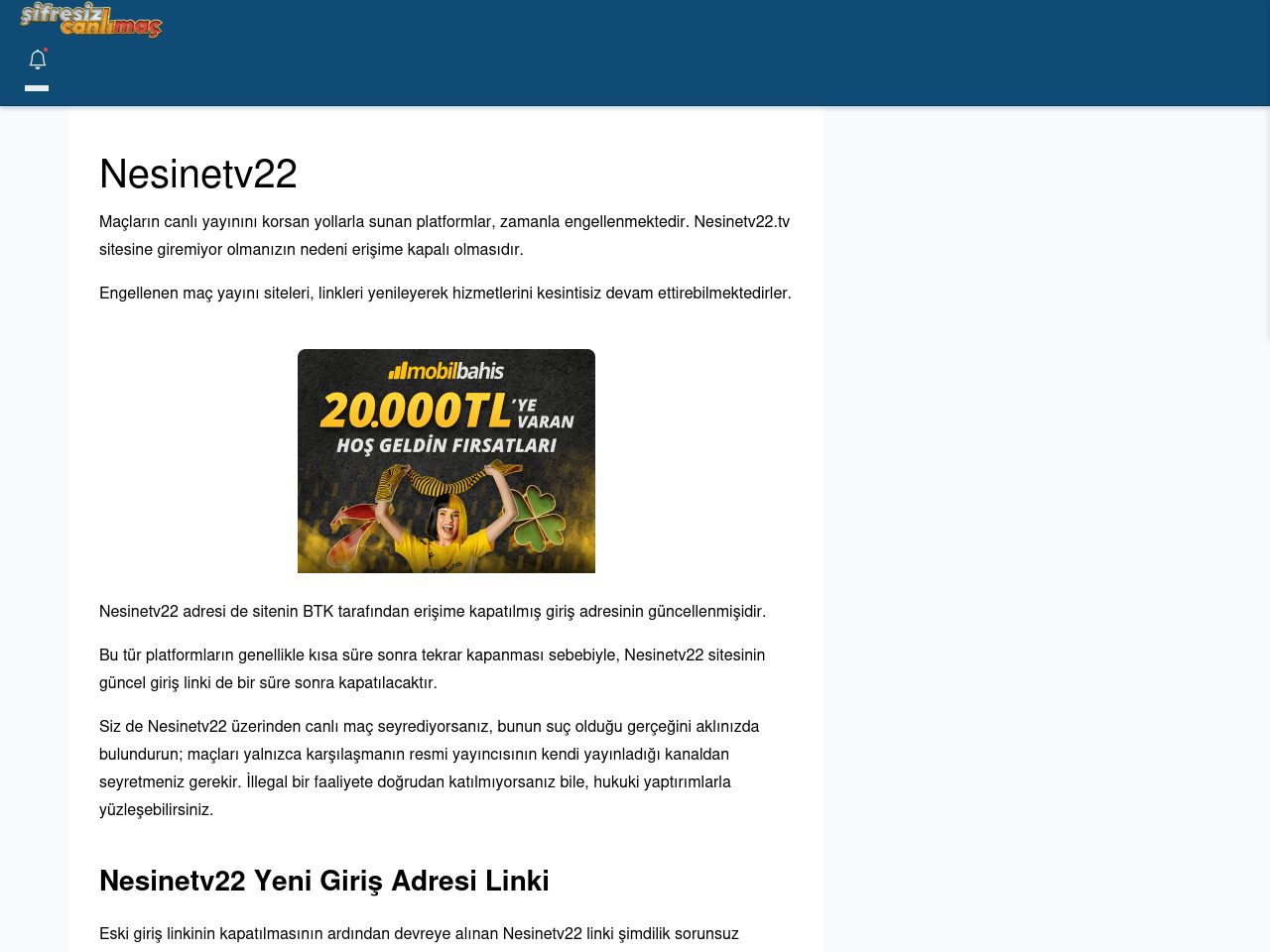 Nesinetv22 Maç İzle - Şifresiz canlı maç izle