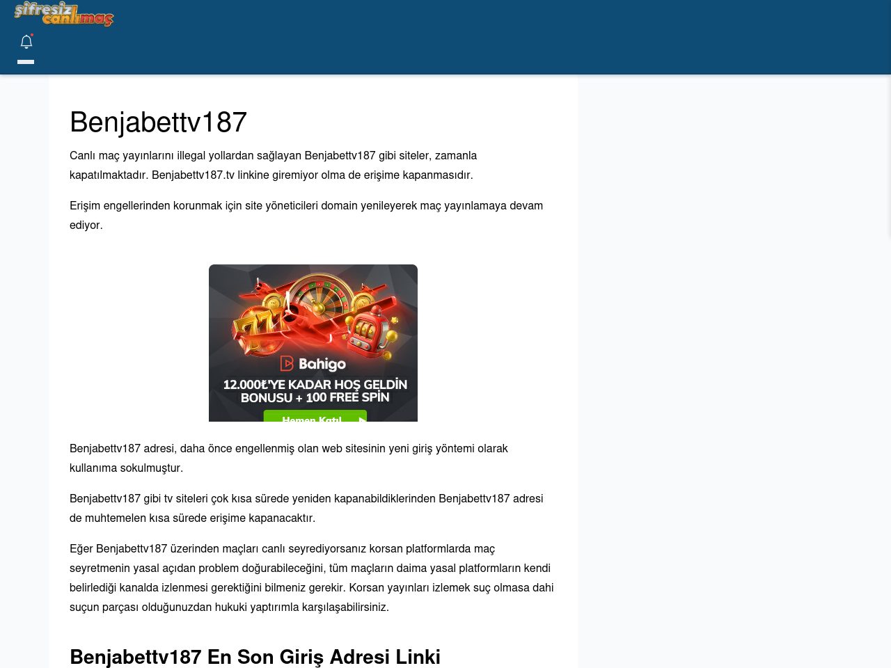 Benjabettv187 Giriş Linki - Şifresiz canlı maç izle