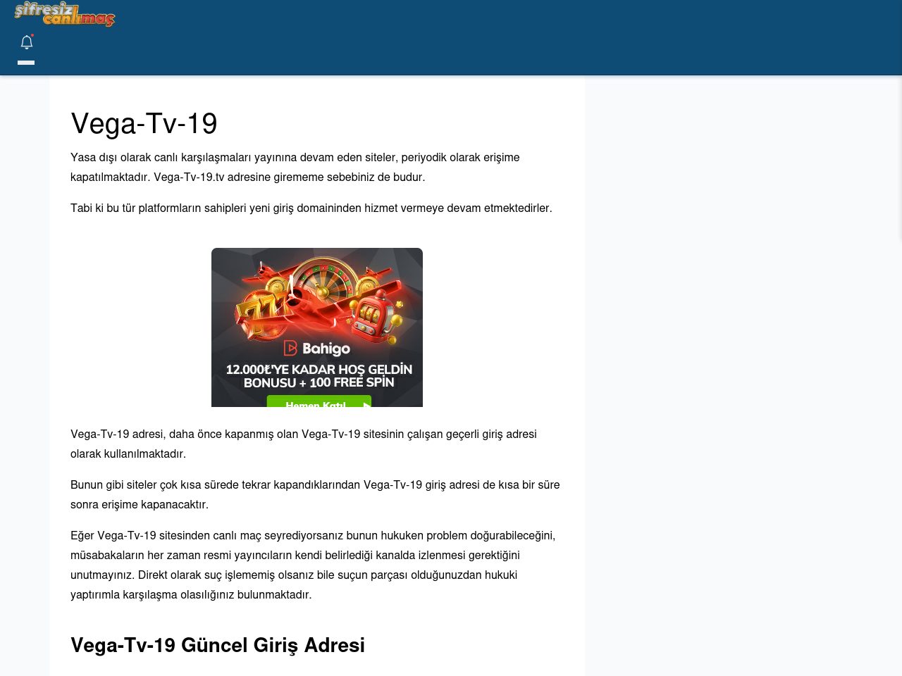 Vega-Tv-19 Giriş Linki - Şifresiz canlı maç izle