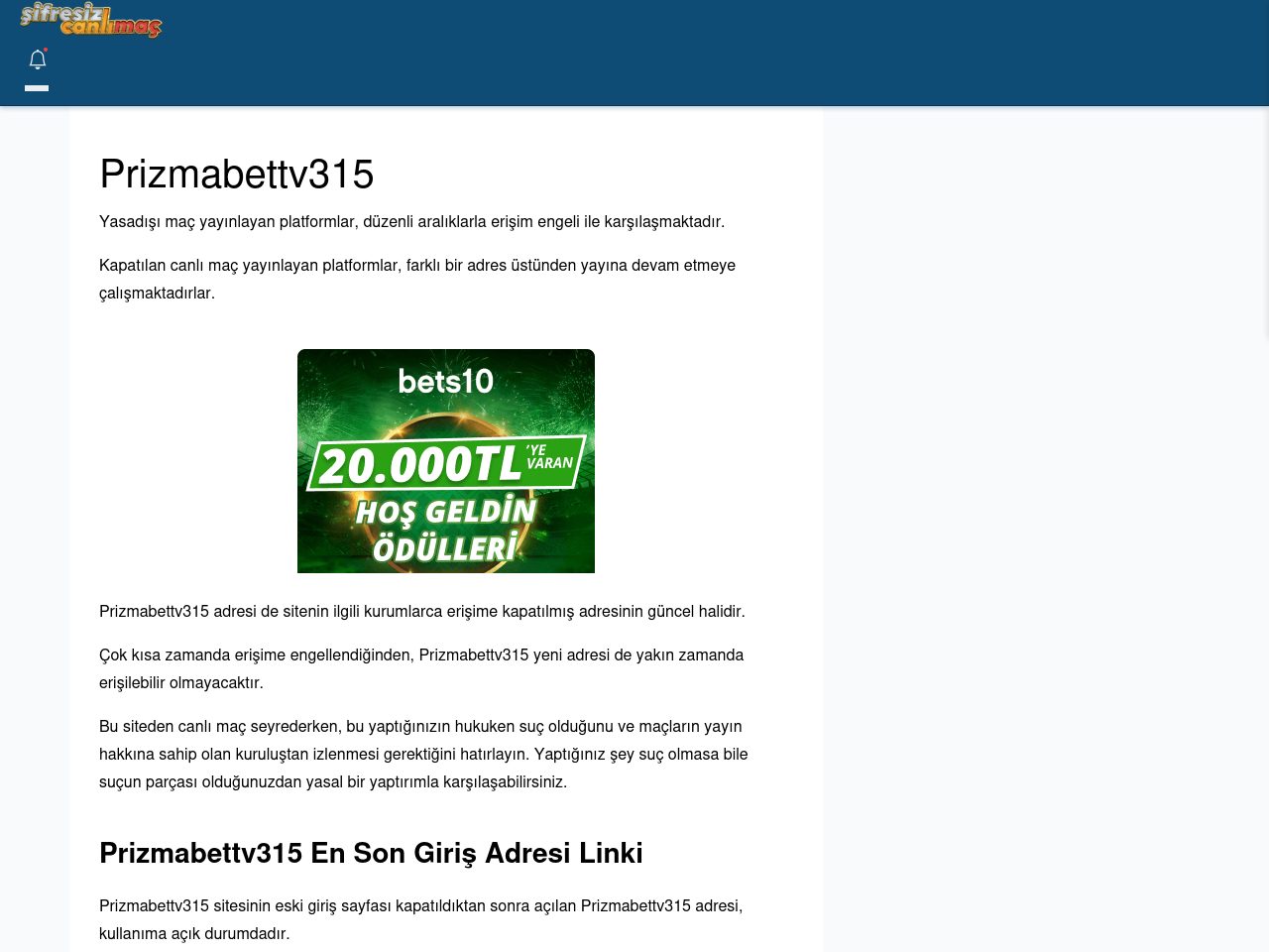 Prizmabettv315 Maç İzle - Şifresiz canlı maç izle