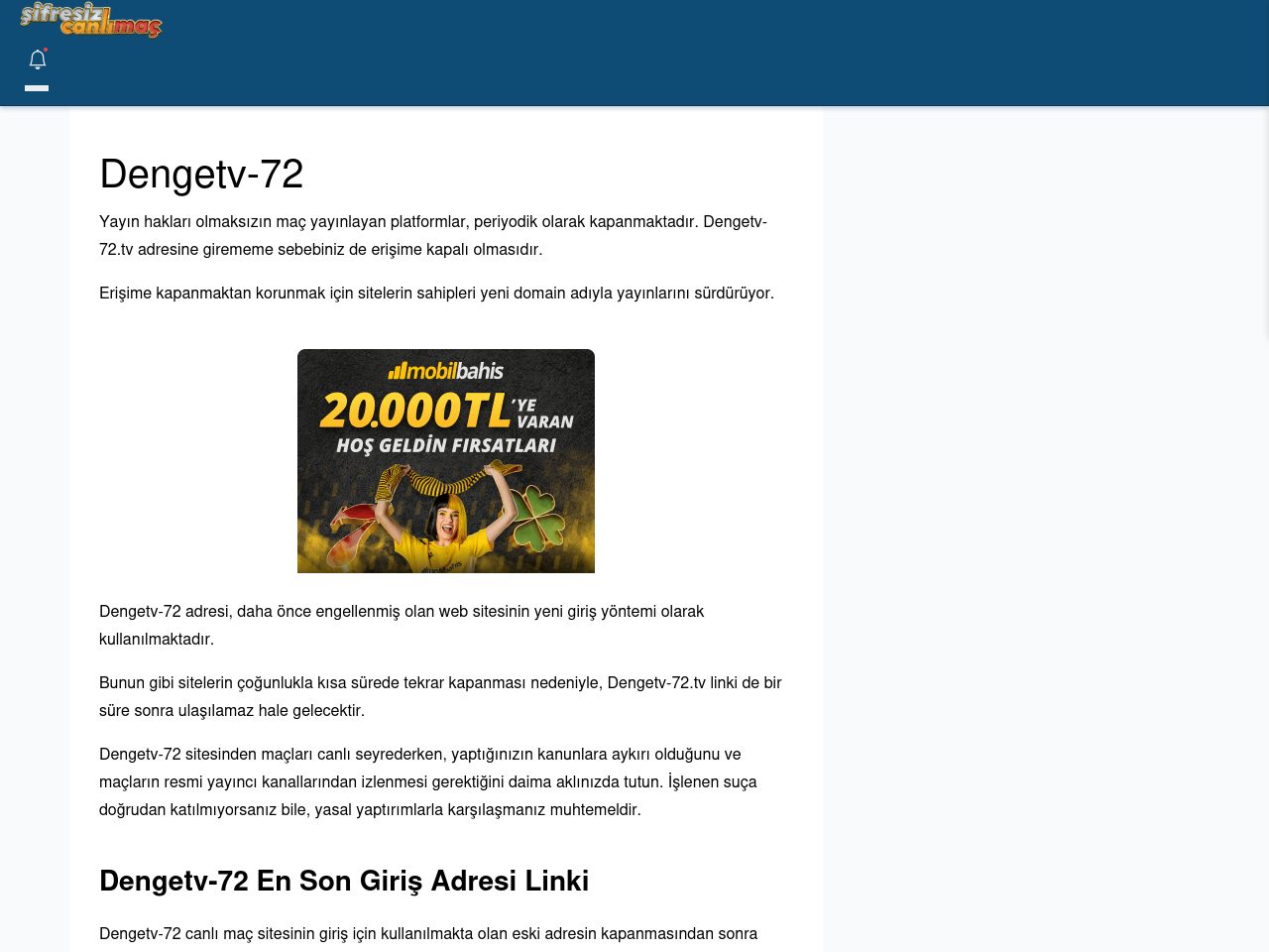 Dengetv-72 Canlı Maç - Şifresiz canlı maç izle