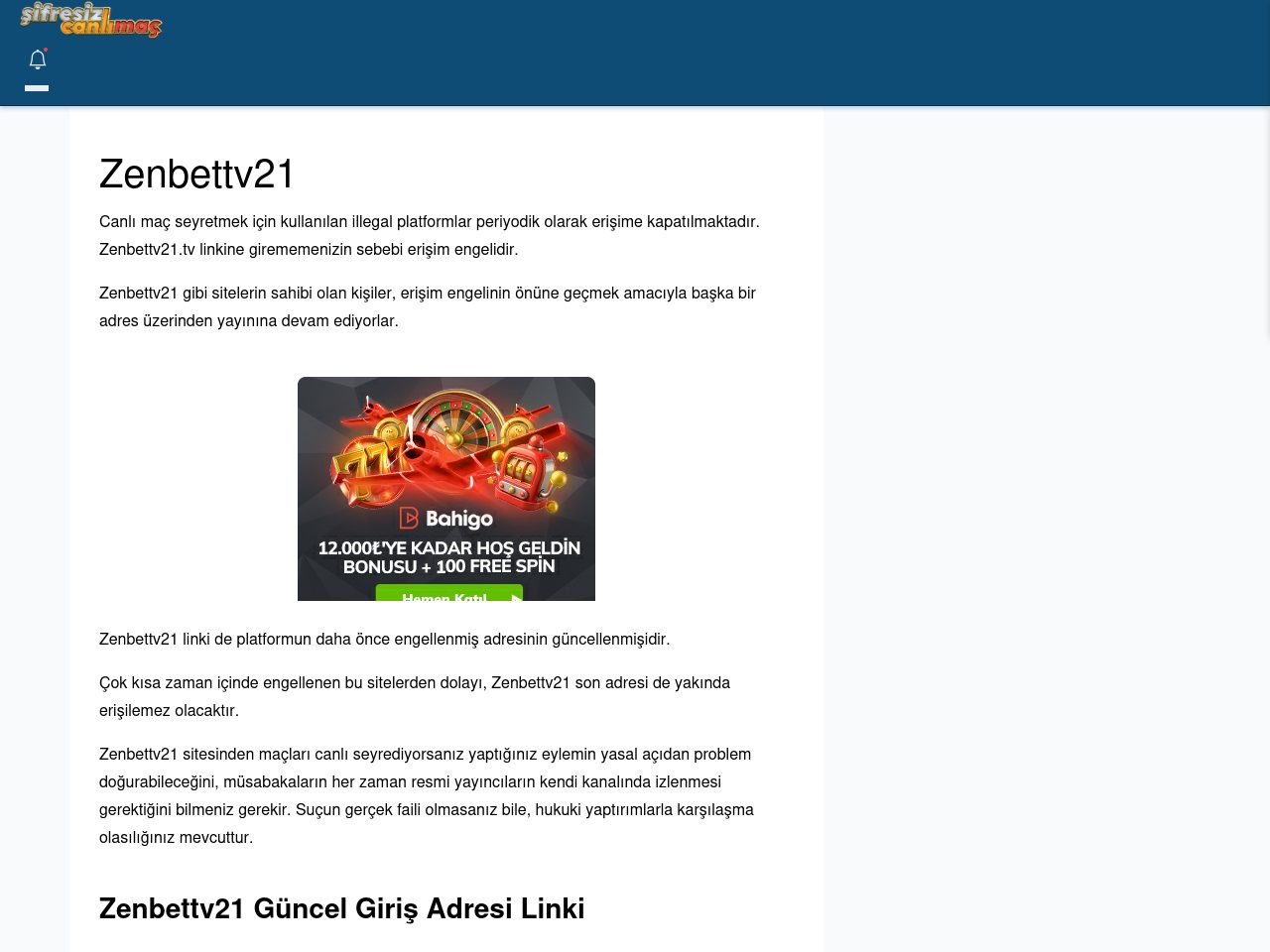 Zenbettv21 Canlı Maç - Şifresiz canlı maç izle