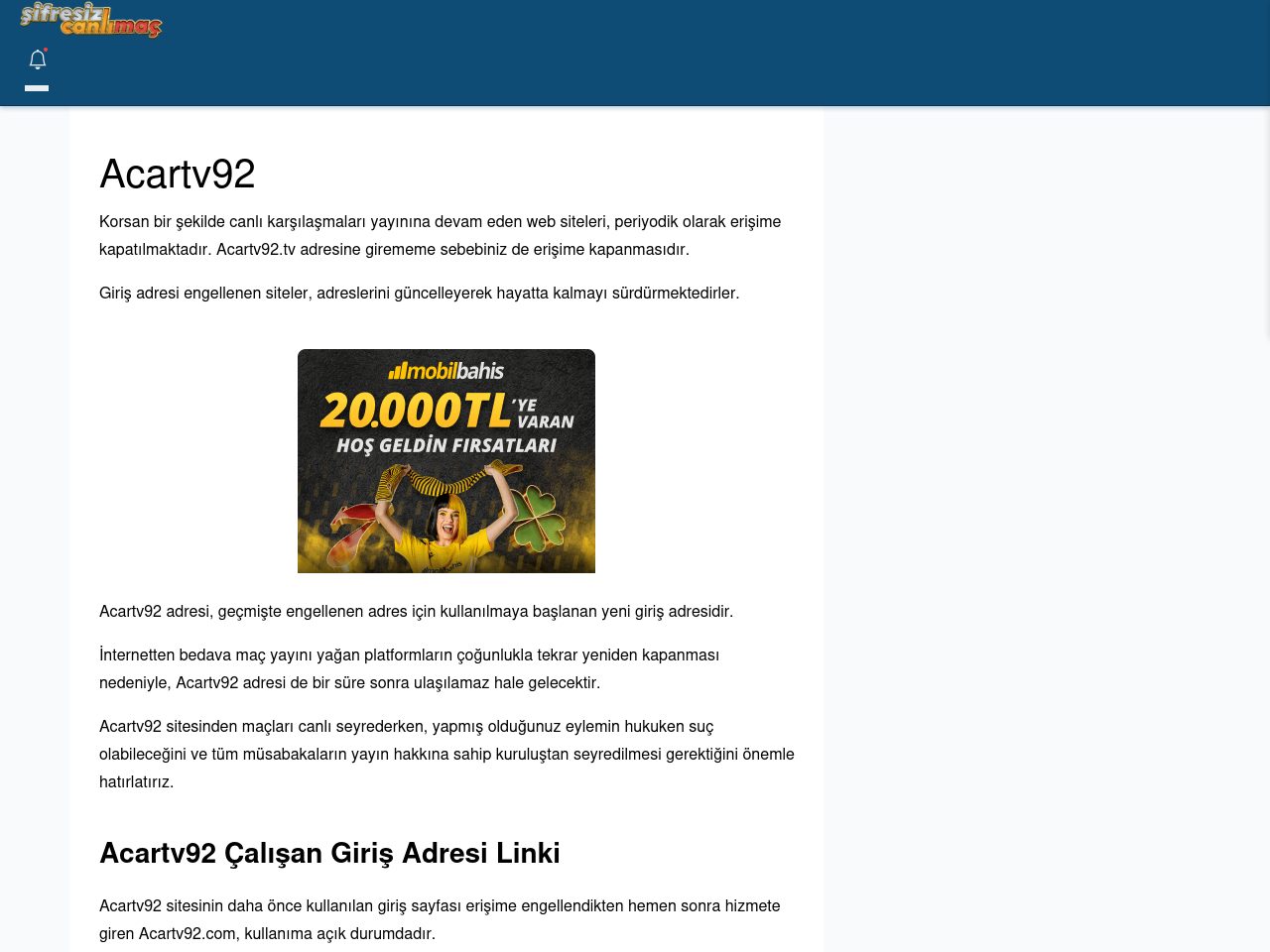 Acartv92 Canlı Maç İzle - Şifresiz canlı maç izle