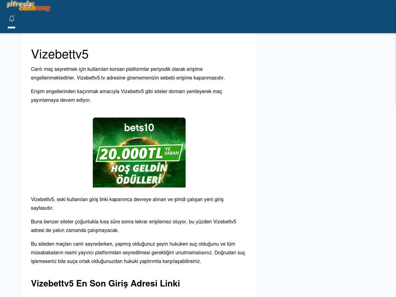 Vizebettv5 Giriş Linki - Şifresiz canlı maç izle