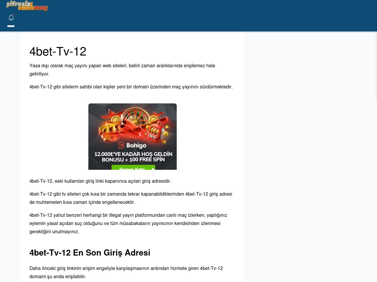 4bet-Tv-12 Canlı Maç - Şifresiz canlı maç izle